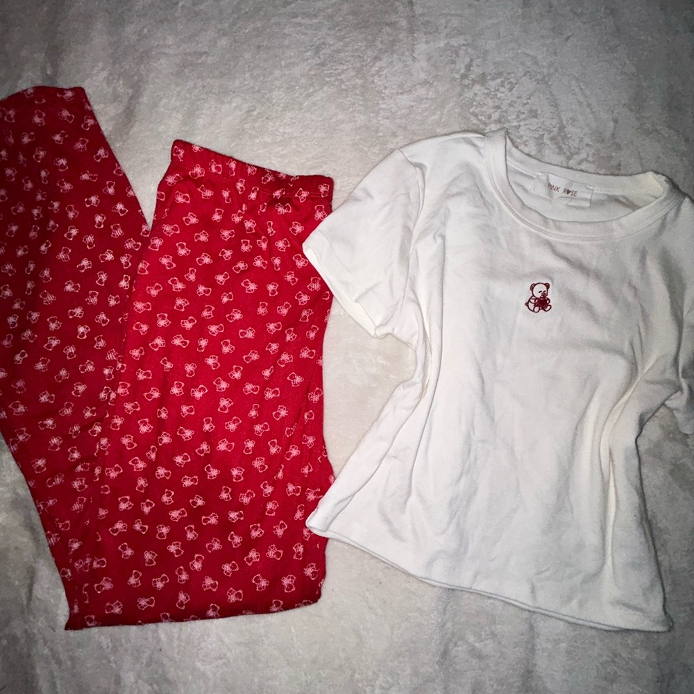 Pink Rose White Top with Red Bear Embroidery